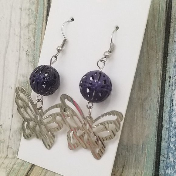 Hammered Textured Dangle Butterfly Earrings 2" Drop Purple Metal Filigree S16 - Picture 2 of 5